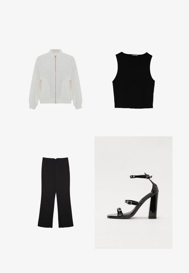 Weiße Bomberjacke mit Reißverschluss, Augenlochmuster, geripptem Kragen und Bündchen, goldfarbigem Reißverschluss und zwei Seitentaschen. Weicher, strukturiert Stoff.; Schwarzes ärmelloses Crop-Top aus glattem Stoff, mit rundem Ausschnitt und einem klaren, schlichten Design ohne Muster oder Beschläge.; Schwarze Hose mit geradem Schnitt, ausgestattet mit Fronttaschen und Seitenschlitzen am Saum. Hergestellt aus weichem, glattem Stoff. Geeignet für verschiedene Anlässe.; Schwarze patentierte Sandalen mit Absatz, quadratischer Spitze, Knöchelriemen und silbernen Schnallen. Mit einem stabilen Blockabsatz für mehr Stabilität.