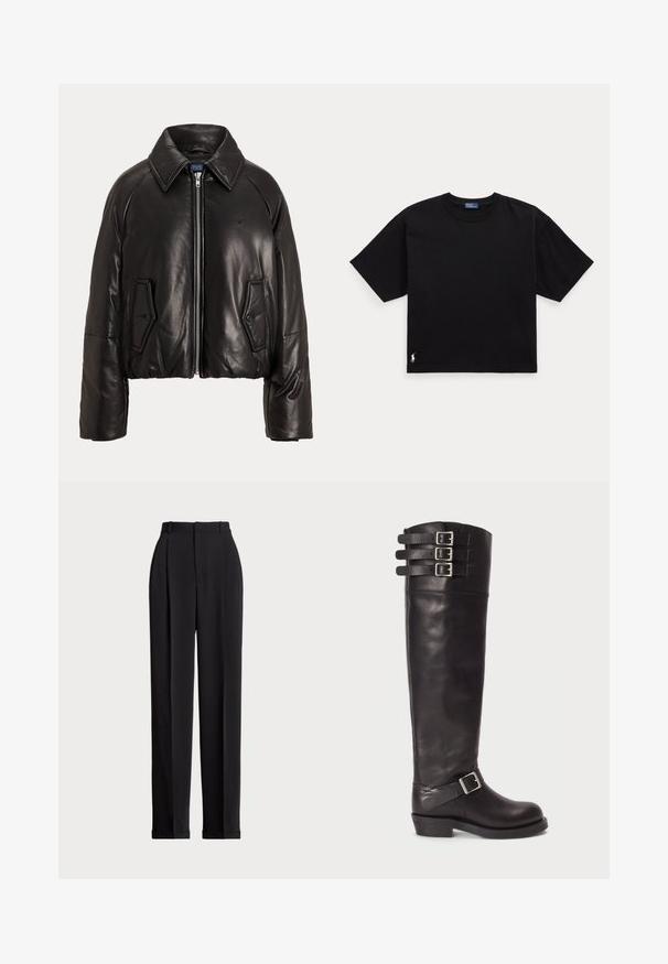 Jachetă scurtă din piele neagră, cu guler ascuțit, fermoar frontal și două buzunare aplicate cu nasturi. Textură netedă cu detalii matlasate.; Tricou din bumbac negru, cu mâneci scurte, guler rotund și un mic logo alb în colțul din stânga jos. Croială clasică, pătrată, cu detalii minime.; Pantaloni negri, croiți pe măsură, cu talie înaltă, cu plii în față, design cu picior drept și tiv manșetat. Confecționați dintr-un material neted.; Cizmă din piele neagră, până la genunchi, cu vârf rotund, trei curele cu cataramă în partea de sus și un detaliu cu cataramă pe laterale. Talpă plată și textură netedă.