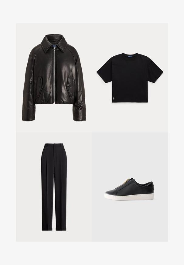 Melnas ādas īsā jaka ar ausāmu apkakli, priekšējā rāvējslēdzēja aizdari un divām uzšūtām kabatām ar pogu akcentiem. Gluda tekstūra ar šūtu rakstu.; Melnā kokvilnas t-krekls ar īsām piedurknēm, apaļu kaklu un mazu baltu logo apakšējā kreisajā stūrī. Klasisks, taisnstūrveida piegriezums ar minimālu detaļu skaitu.; Melnas piegriezuma bikses ar augstu jostasvietu, priekšā ar krokām, taisna kāju dizains un ar aprocēm. Izgatavotas no gludas auduma.; Melnas zemas ādas kedas ar baltu zoli un zelta rāvējslēdzēju, skats no sāniem, minimālisma stils uz vienkārša fona.