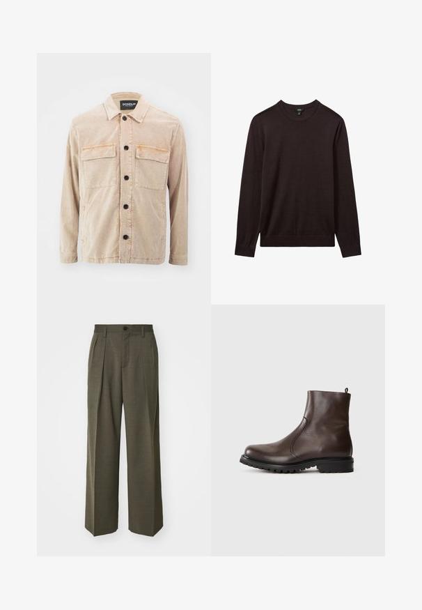 Dondup FIELD JACKET - Kevyt takki - nut; Reiss Neule - dark bordeaux; Filippa K WIDE TROUSERS - Housut - driftwood; Ruskea nahkainen nilkkasaapas, jossa on sileä pinta, joustavat sivupaneelit, vetotuli takana ja kestävä kumipohja.