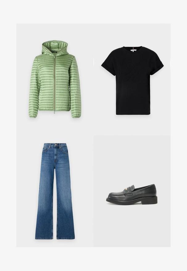 Gaiši zaļa polsterēta jaka ar kvadrātveida šuvēm, priekšējais rāvējslēdzis un odere cepure. Iespējas elastīgas aproces ciešai pieguļai.; Melns kokvilnas T-krekls ar sarullētām īsām piedurknēm, centrā ir izcilināts logo un neliels karoga akcents sānos.; Plati legi zila džinsi, izgatavoti no denima, ar augsto jostasvietu, piecu kabatu dizainu, pogu aizdari un tradicionālo šuvumu detaļām.; Melni ādas loafers ar austu akcentu uz purngala, zelta logotipa detaļu un masīvu melnu gumijas zoli. Gluda tekstūra ar nelielu spīdumu.