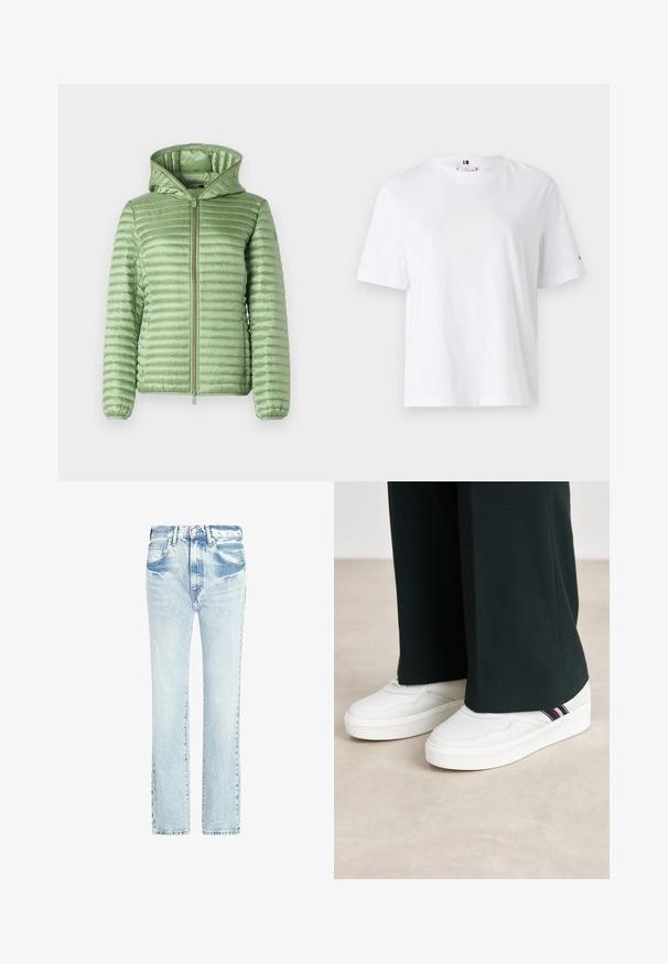 Giacca imbottita di un verde chiaro con design a trapunta, zip frontale e cappuccio foderato. Caratterizzata da polsini elasticizzati per una vestibilità aderente.; T-shirt bianco in cotone con scollo rotondo, maniche corte e un discreto logo giallo che recita "HILFIGER NEW YORK 1985." Vestibilità standard.; Jeans in denim azzurro chiaro con design a gamba dritta, cinque tasche e una texture sbiadita. Presentano cuciture a vista e una chiusura con bottone classico.; Sneaker bianche con un finish testurizzato, caratterizzate da una forma bassa, punta arrotondata e un accento striato sul lato. Abbinato a pantaloni scuri.