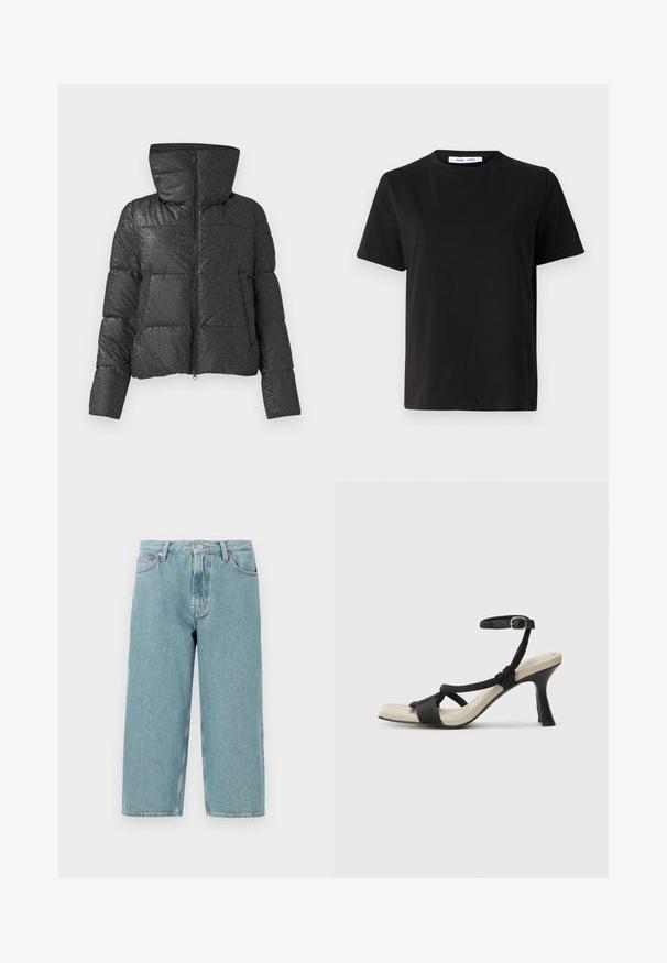 Chaqueta acolchada negra con superficie texturizada, capucha prominente, cierre de cremallera y bolsillos laterales. Presenta un acabado brillante y reflectante.; Camiseta negra de manga corta hecha de algodón suave, con un cuello redondo, corte relajado y una textura lisa. Sin patrones ni gráficos visibles.; Pantalones cortos de mezclilla azul claro con cintura alta, corte recto y dobladillo sin acabar. Cuenta con un cierre clásico de botón y cremallera, y cuatro bolsillos.; Sanda¡ía de tacón negro con diseño de tira trenzada, punta cuadrada y correa ajustable en el tobillo. Plantilla de color beige claro con un tacón negro brillante.
