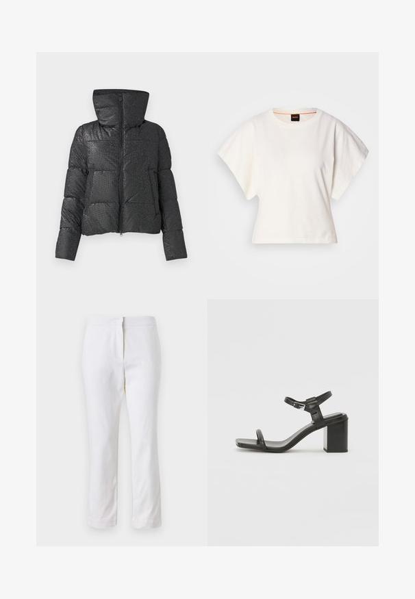 Black puffer jacket with a textured surface, prominent hood, zip closure, and side pockets. Features a glossy, reflective finish.; White cropped T-shirt, short wide sleeves, soft cotton material, round neckline with subtle orange trim, minimal design, no patterns or graphics.; White cotton pants with a straight leg design, featuring a mid-rise waist and no visible hardware or patterns. Smooth texture throughout.; Black leather block-heeled sandal with a wide strap across the toe and an adjustable ankle strap, featuring a sleek, minimalist design.