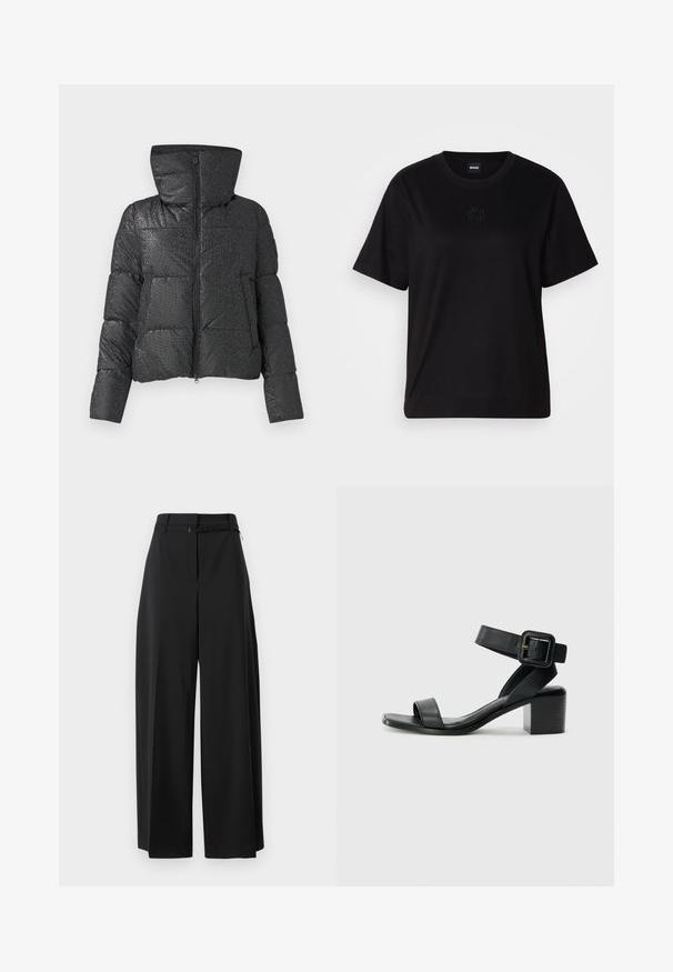 Čierny páperový kabát s textúrovaným povrchom, výraznou kapucňou, zipsovým uzáverom a bočnými vreckami. Obsahuje lesklý, reflektívny povrch.; Čierne bavlnené tričko s okrúhlym výstrihom, krátkymi rukávmi a vyšívaným logom na hrudi. Jednoduchý, voľný strih bez vzorov.; Čierne široké nohavice s vysokým pásom a opaskom. Majú hladkú textúru a čisté línie, sú navrhnuté pre ležérny strih.; Čierne kožené sandále na podpätku s nastaviteľným popruhom okolo členka, otvorenou špičkou a štvorcovým blokovým podpätkom. Hladká textúra, minimalistický štýl.