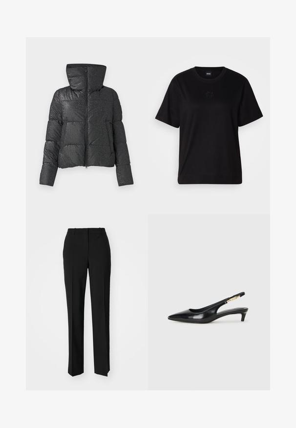 Črna napihnjena jakna z teksturirano površino, izrazito kapuco, zadrgo in stranskimi žepi. Ima sijajno, odsevnico površino.; Črna bombažna majica s krožnim izrezom, kratkimi rokavi in izvezenim logotipom na prsih. Preprosta, sproščena silhueta brez vzorcev.; Črne krojene hlače s direktnim krojem, ki se ponašajo z gladko teksturo in ostrimi pregibi spredaj. Ni vidne kovine.; Črne usnjene sandale na peto z ostro konico, ki imajo tanko peto in zlat ton na nastavljivem traku. Gladka tekstura.