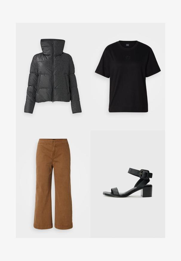 Black puffer jacket with a textured surface, prominent hood, zip closure, and side pockets. Features a glossy, reflective finish.; Black cotton t-shirt with a crew neckline, short sleeves, and an embroidered logo on the chest. Simple, relaxed fit with no patterns.; Brown wide-leg pants made of soft fabric with a smooth texture, featuring a high waist and stitched detailing.; Black leather heeled sandal with adjustable ankle strap, open toe design, and a square block heel. Smooth texture, minimalistic style.