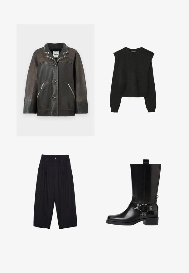 Black leather jacket with silver stud detailing along the collar and pockets, featuring a button closure and a classic shirt-style design.; Black long-sleeve knitted sweater with padded shoulders and ribbed cuffs and hem, shown against a white background.; Black polyester culotte pants with an elastic waistband, two front pleats, and a loose silhouette. No visible patterns or hardware details.; Black leather knee-high boot with a pointed toe, silver buckle accents, and a chunky heel. Features a pull tab for easy wear.