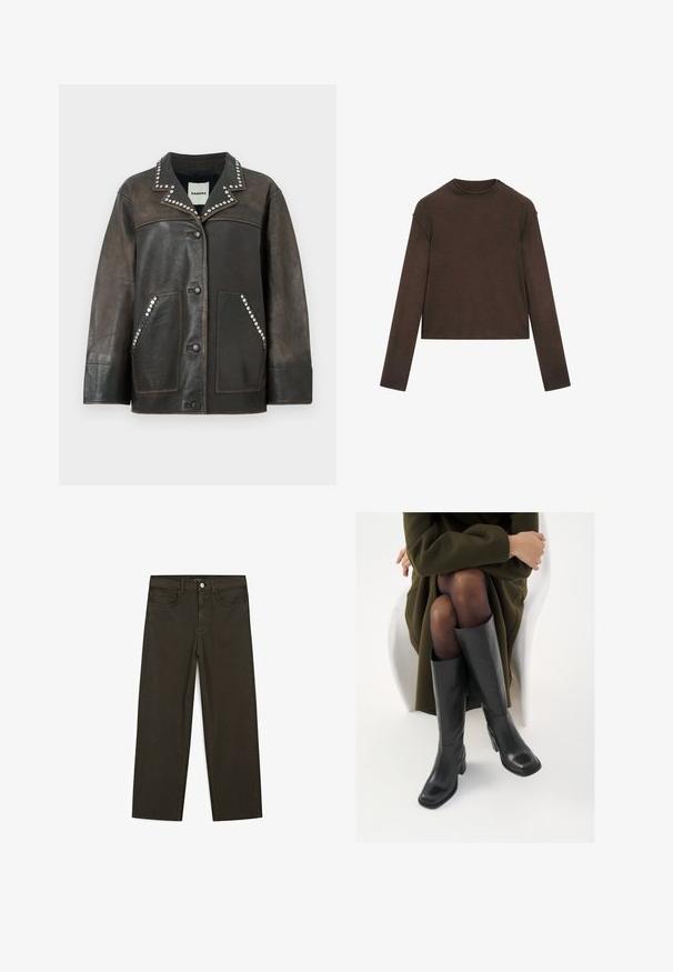 Schwarze Lederjacke mit silbernen Nietenverzierungen entlang des Kragens und der Taschen, mit Knopfverschluss und klassischem Hemd-Style-Design.; Dunkelbrauner Pullover mit Rundhalsausschnitt und langen Ärmeln, leicht cropped und schlicht, nahtlos gestaltet.; Dunkelgrüne Jeans im weit geschnittenen Style, hergestellt aus einem Baumwollgemisch. Sie verfügen über einen Frontknopfverschluss, fünf Taschen und klassische Denim-Nähte.; Knöchelhöhe schwarze Lederstiefel mit quadrater Spitze und Blockabsatz, gezeigt mit einem Modell, das einen olivgrünen Mantel trägt. Glatte Textur, minimale Details.