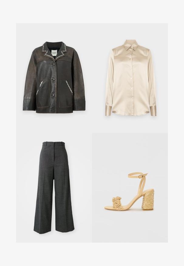 Chaqueta de cuero negra con detalles de tachuelas plateadas a lo largo del cuello y los bolsillos, con un cierre de botón y un diseño clásico de estilo camisa.; Camisa de satén beige con cuello puntiagudo, mangas de largo completo, cierre de botones y puños con un acabado ligeramente más brillante. Sin patrones ni acentos.; Pantalones de cuadros grises de pierna ancha con cintura alta, que presentan pliegues frontales, textura vertical y sin hardware ni acentos visibles.; Sandalia de tacón alto beige con textura trenzada, que presenta una flor decorativa y una correa en el tobillo. El tacón cuadrado añade estabilidad.