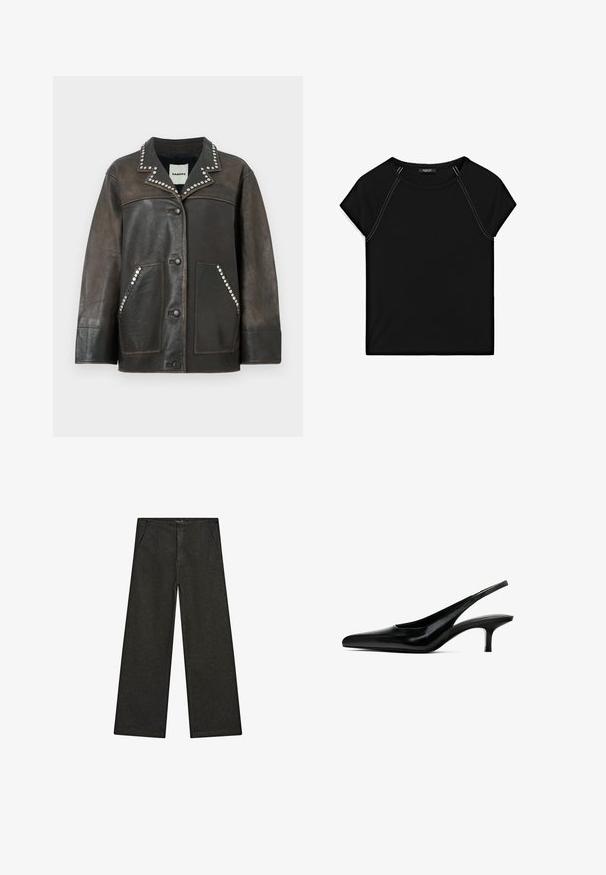 Veste en cuir noir avec des clous en métal argenté le long du col et des poches, dotée d'une fermeture à bouton et d'un design classique de style chemise.; T-shirt noir à manches courtes avec un col rond et des coutures blanches contrastantes le long des épaules et des côtés. Tissu doux et lisse.; Pantalons en denim noir à jambes larges avec une taille mi-haute, deux poches avant et un design épuré et minimaliste sans embellissements visibles.; Chaussure slingback à bout pointu noir avec une finition en cuir brillant et un petit talon fin. Présente une découpure sur le côté pour une meilleure respirabilité.