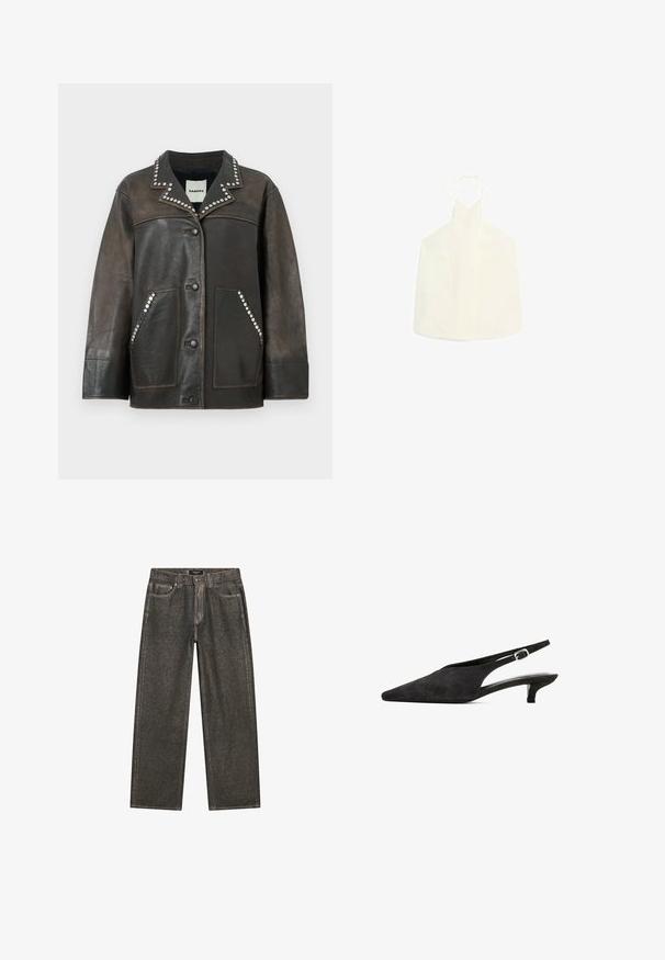 Zwarte leren jas met zilveren studs langs de kraag en zakken, voorzien van een knoopsluiting en een klassiek overhemdstijl ontwerp.; Witte haltertop met een V-vormige halslijn, striksluiting aan de achterkant en een gladde, iets gestructureerde stof zonder versieringen.; Donkergrijze wijde jeans van denim, met een klassiek vijf-pocket ontwerp, stevige stiksels en een ritssluiting met knoopsluiting.; Zwarte suède slingback schoenen met een spitse neus, een bescheiden hak en een dunne enkelband met een zilveren gespsluiting. Over het algemeen een gladde textuur.