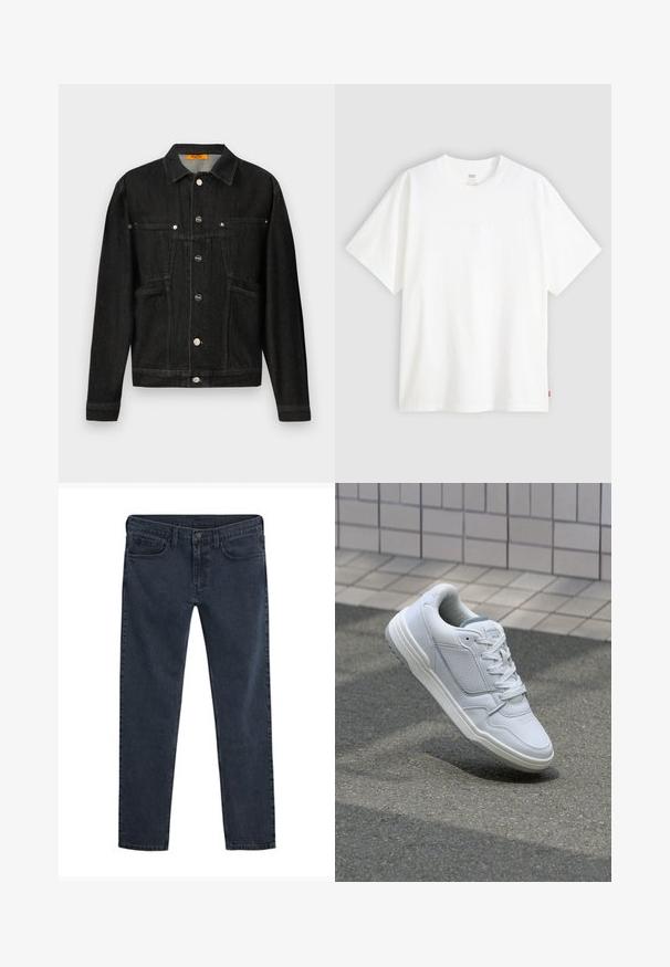 Črna usnjena jakna z ovratnikom, dvema žepoma na prsih in gumbi za zapiranje. Izdelana iz mehkega, teksturiranega materiala s klasičnim krojem.; Bela kratka majica s kratkimi rokavi iz bombaža s krožnim izrezom. Ima diskretno embosirano logotipno podrobnost spredaj in rdečo etiketo na robu.; Temno modre kavbojke iz jeansa z ozkim krojem, pet žepov, zapiranjem na gumbe in subtilno obrabljeno teksturo po celotnem materialu.; Bela usnjena superga s perforiranimi stranicami, teksturiranimi detajli, ravnimi vezalkami in kontrastno sivo peto. Ima rahlo dvignjen podplat.