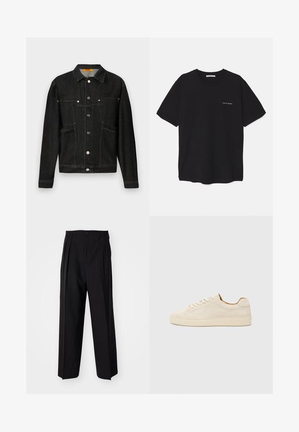 Svart denimjakke med krage, to brystlommer og knappeåpning. Laget av mykt, strukturert materiale med en klassisk fasong.; Svart bomull T-skjorte med rund hals, korte ermer, og hvit logo trykk på venstre bryst. Enkel, ensfarget design.; Sorte plissert bukser med en rett, bred benform. Laget av glatt stoff, med knappelukking og beltehemper.; Beige semsket sportssko med lav topp, rund tå, flate lisser og en teksturert gummisåle. Minimalistisk stil uten synlige logoer.
