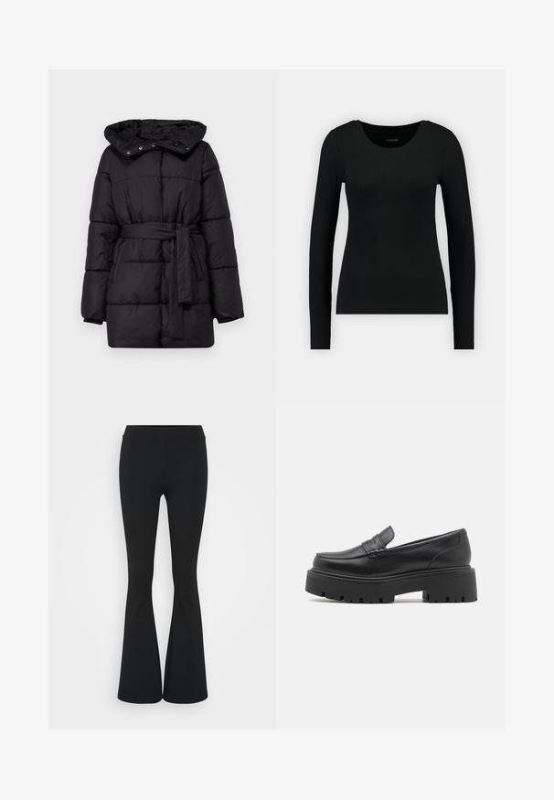 Sort pufferjakke med hætte, bælte i taljen og boxy design. Fremstillet af vatteret, struktureret stof med synlige stikninger og trykknapper.; Sort langærmet skjorte lavet af ribbet stof. Har en rund halsudskæring og tætsiddende silhuet. Enkelt design uden mønstre eller accenter.; Sorte flagrende bukser lavet af strækbart stof, med en høj talje og en glat tekstur. Bukserne flared fra knæet.; Sorte læder loafers med en lav, grov gummi sål, syede detaljer på overdelen og en glat overflade.