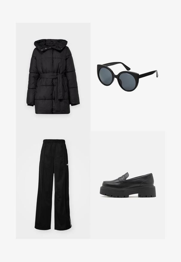 Čierna puffrová bunda s kapucňou, opaskom v páse a hranatým strihom. Vyrobená z prešívanej, texturovanej tkaniny s viditeľným stehom a patentkami.; Dve bavlnené crop tops v bielej a čiernej farbe. Každý má hlboký výstrih a tenké ramienka, s hladkou, jemnou textúrou.; Čierne široké teplákové nohavice s elastickým pásom, s bielymi bočnými pruhmi a malým logom na ľavom boku. Hladký textil.; Čierne kožené mokasíny s nízkou, robustnou gumovou podrážkou, prešívanými detailmi na vrchu a hladkou textúrou.; Čierne prehnané slnečné okuliare v tvare mačacích očí, s tmavými sklami a lesklým plastovým rámom. Majú hrubé rámiky pre lepšiu podporu.