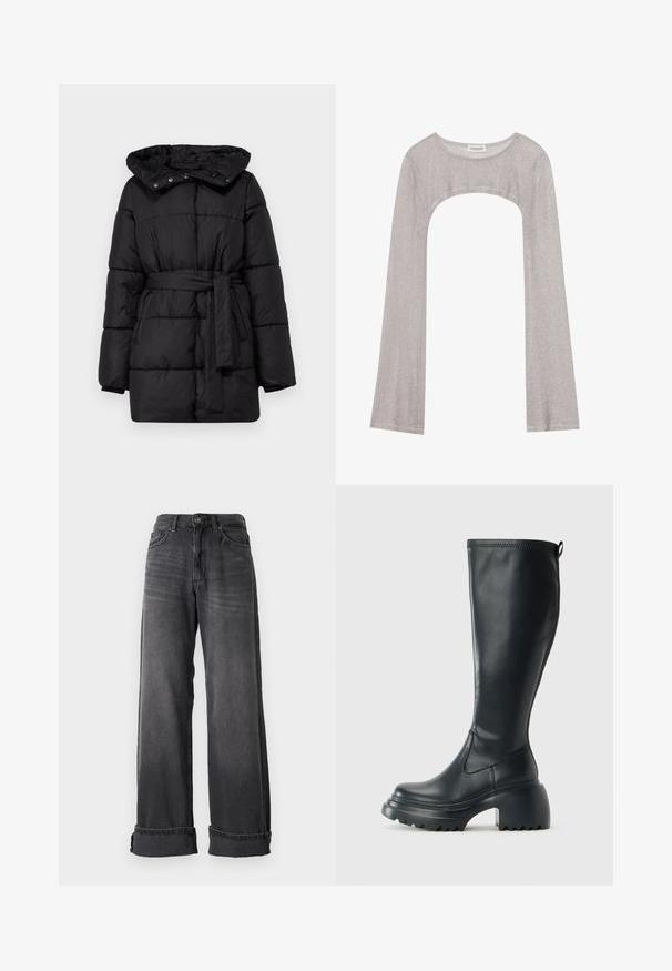 Melnas pūkains jaka ar kapuci, josta augšdaļā un kvadrātveida dizainā. Izgatavota no šūtu, teksturēta auduma ar redzamām šuvēm un spiedpogu aizdari.; Sudraba garām piedurknēm augšdaļa ar noapaļotu dekoltē un izgriezumu zemāk. Izgatavota no teksturēta auduma, ar pieguļošu dizainu un plandošām piedurknēm.; Platas kājas džinsi tumši pelēkā denma, ar augstu jostu, piecām kabatām un apveltajām piedurknēm, lai pievienotu detaļas. Gluda tekstūra ar smalkiem izbalējumiem.; Augstas melnas ādas zābakus ar masīvu platformu un bloka papēdi, ar vilkšanas cilpu un strukturētu profilu uz ārējā zoles.