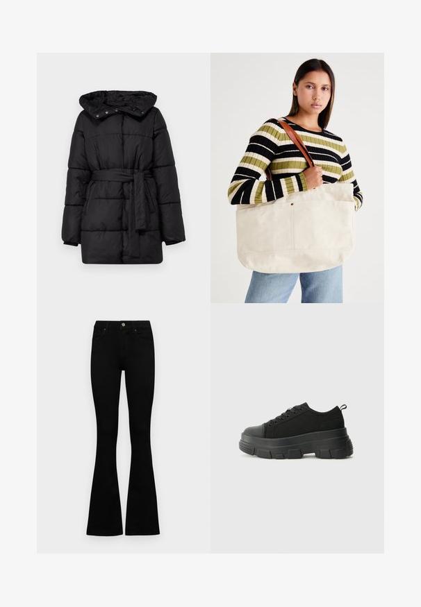 Casaco puffer preto com capuz, cintura com cinto e design boxy. Feito de tecido acolchoado e texturizado com costura visível e botões de pressão.; Camisola de manga longa cinza clara, feita de algodão suave. Apresenta um corte solto, decote redondo e punhos ligeiramente franzidos. Sem padrões nem gráficos.; Jeans pretos de cintura alta com fecho de botão e zíper, bolsos frontais e pernas largas dispostos em cima de um fundo branco.; Sneakers pretos com sola de borracha robusta, parte superior de tecido texturizado, bico redondo e design de atacadores. Apresenta ilhós reforçados e uma alça na parte posterior.; Grande bolsa de lona bege com alças de couro castanho, apresentando um design minimalista e costuras visíveis como destaque.