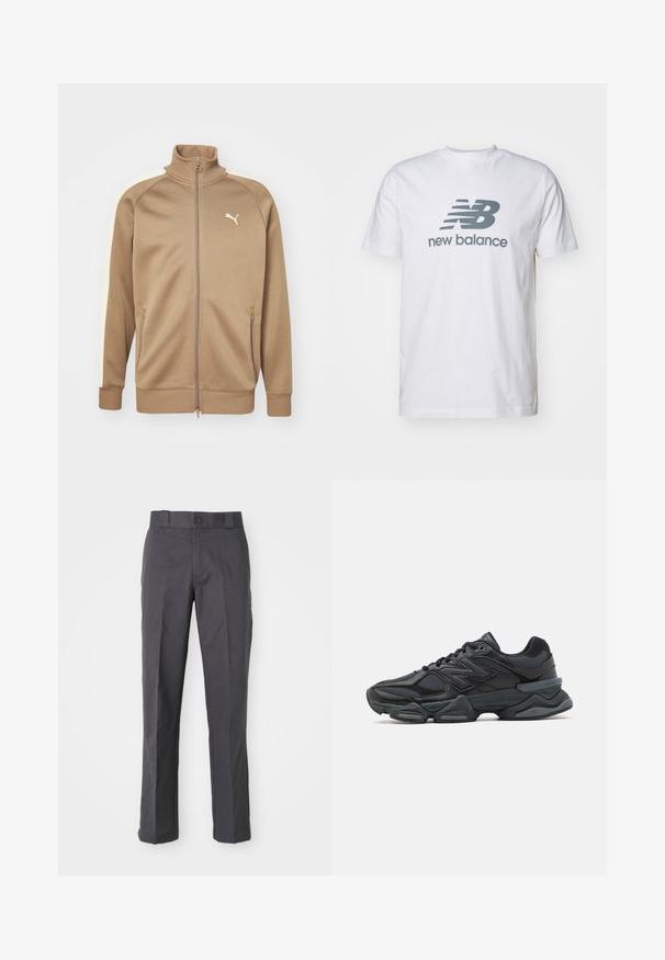 Pruun lukuga jope kõrge kraega ja kreemivärviliste külg-paneelidega. Omab soonikpoolte ja alumise äärisega, ning väike valge logo rinnal.; Valge puuvillane t-särk, millel on hall "NB" logo ja "new balance" tekst, lühikesed varrukad, klassikaline ümmargune kaelus, sile tekstuur.; Tumedat hallid puuvillasegustest pükstest, mis on sirge sääre disainiga, ees olevate taskutega ja nööpkinnitusega vööl.; Mustad mustus jooksukeng, mis sisaldab segu võrgust ja sünteetilisest materjalist, jäme talla, kaarduv disain ja silmapaistev bränding külgedel.