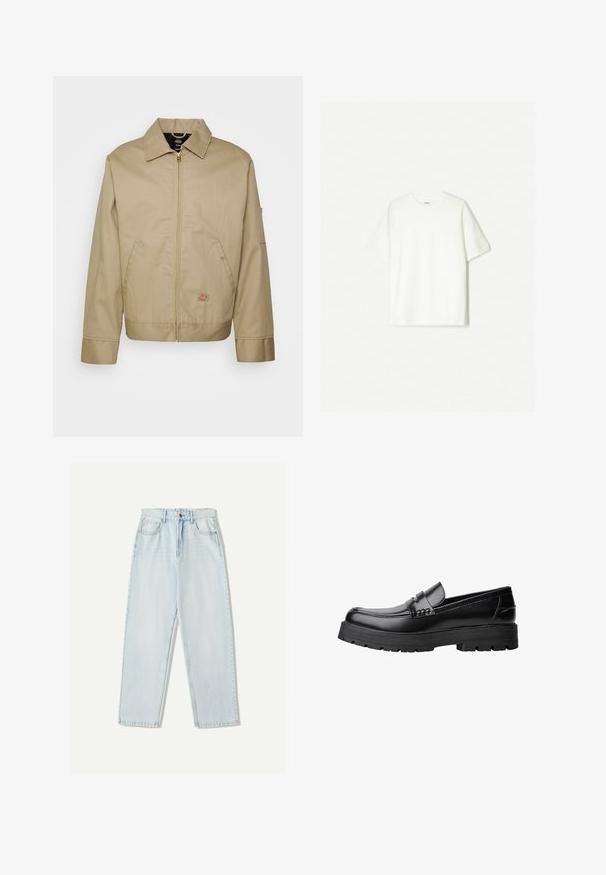 Bežna bombažna jakna z zadrgo, ovratnikom v obliki točke, stranskimi žepi in logotipom. Ima strukturirano silhueto in rob.; Bela kratka majica s kratkimi rokavi iz mehkega bombaža. Oblečen kroj s sproščenim prileganjem in brez vidnih logotipov ali vzorcev.; Svjetloplave traperice s ležernim krojem, ravnim nogavicama, dizajnom s pet džepova i suptilnim izblijedjenjem na tkanini.; Črne usnjene loafersice s debelim profiliranim podplatom in dekorativnim pasom čez zgornji del, prikazane v levem stranskem profilu na beli podlagi.