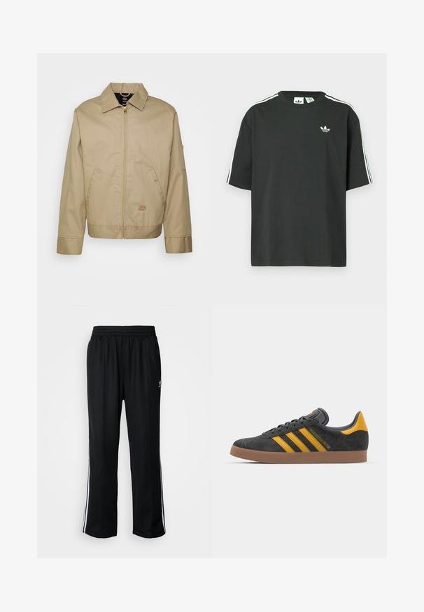 Béžová bavlnená bunda so zipsovým zapínaním, bodovým golierom, bočnými vreckami a logom. Má štruktúrovaný strih a lem.; Čierne bavlnené tričko s krátkymi rukávmi, okrúhlym výstrihom a bielymi tromi pruhmi na ramenách. Na hrudi je malý biely logo.; Čierne športové nohavice s elastickým pásom, s bielymi bočnými prúžkami a malým logom. Materiál vyzerá byť mäkký a ľahký.; Čierne semišové tenisky so žltými akcentmi, ktoré majú tri pruhy a hnedú gumovú podrážku. Obsahujú vypolstrovaný jazyk pre pohodlie.