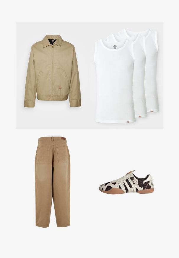 Béžová bavlněná bunda se zipovým zapínáním, límcem s špičatým střihem, bočními kapsami a logem. Vyznačuje se strukturovanou siluetou a lemem.; Tři bílé tílka vyrobené ze žebrované bavlny. Každé má kulatý výstřih a malou logo nášivku na lemu. Klasický, jednoduchý design.; Béžové bavlněné kalhoty s volným střihem, které mají dvě zadní kapsy a štítek na pase. Tkanina má hladkou texturu a minimální detaily.; Bílo-černé kožené boty s vzorem a texturovaným povrchem, s třemi bílými horizontálními pruhy a hnědou gumovou podrážkou.