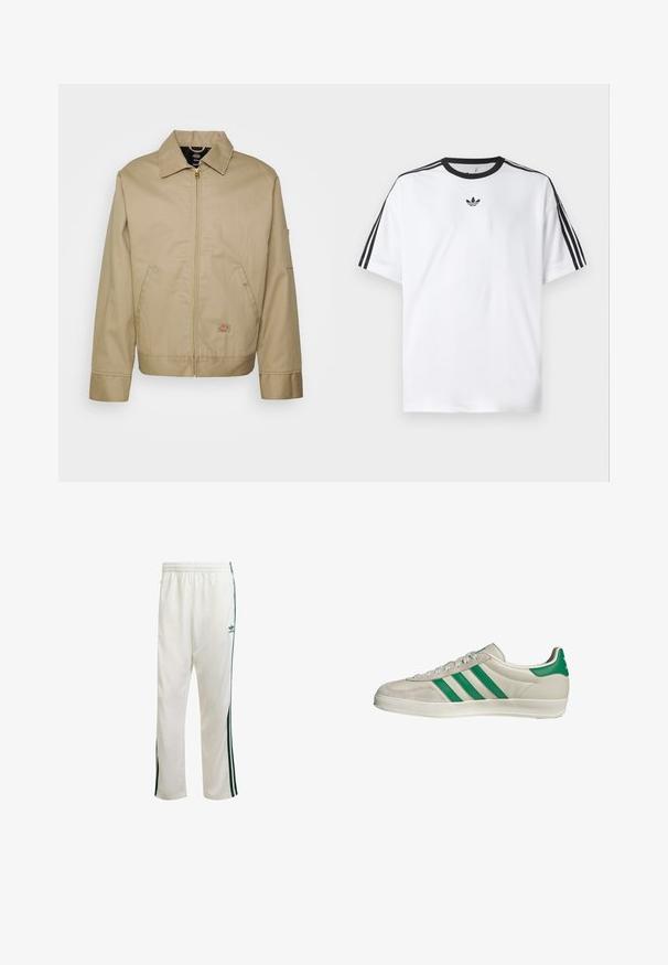 Beige Baumwolljacke mit Reißverschluss, Punktkragen, seitlichen Taschen und Logostickerei. Hat eine strukturierte Silhouette und Saumlinie.; Weißes T-Shirt aus Baumwolle mit einem schwarzen, runden Halsausschnitt und drei schwarzen Streifen auf jeder Schulter. Kleines schwarzes Logo auf der Brust.; Weiße Sporthose mit grünen Seitenstreifen, elastischem Bund und einem Logo auf der oberen linken Seite. Hergestellt aus leichtem Stoff.; Beige Sneaker mit grünen Streifen, ausgestattet mit einer weißen Sohle und einem Obermaterial aus glattem Leder. Seitenansicht, die die Schnürdetails und das Logo hervorhebt.