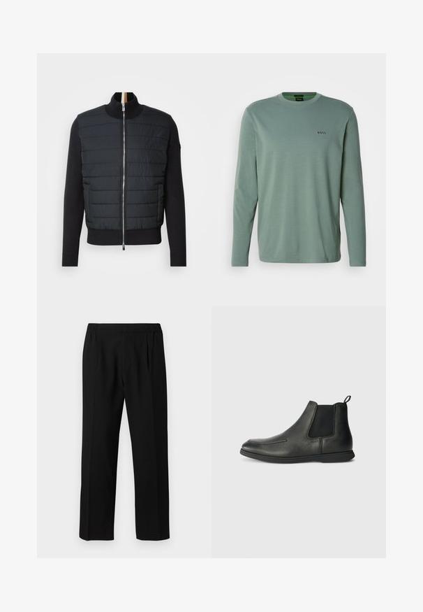 Jachetă neagră cu partea din față matlasată, guler înalt și închidere prin fermoar. Fabricată din material izolat, cu manșete și tiv cu nervuri, având un design elegant.; Tricou cu mânecă lungă, de culoare verde deschis, confecționat dintr-un material moale. Prezintă un gât rotund și un mic logo "BOSS" brodat pe piept.; Pantaloni negri dintr-un material neted, cu un brâu elastic, design cu picioare drepte și două pliuri frontale pentru un detaliu suplimentar.; Bocanci din piele neagră până la gleznă, cu o textură netedă, panouri laterale elastice și o bandă de tras la spate. Vârf rotund și talpă din cauciuc.