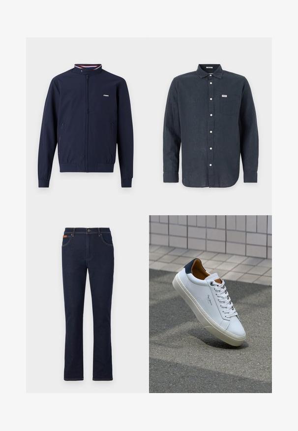 Tumši zilas krāsas viegls zip-up jaka ar augstu apkakli, elastīgām piedurknēm, divām sānu kabatām un kontrastējošiem sarkaniem un ziliem svītrainām akcentiem.; Tumši zils garām piedurknēm krekls, izgatavots no lina, ar pogājamu apkakli, priekšējo kabatu un baltiem podziņām. Wrangler logo uz kabatas.; Tumši zili džinsi ar taisno kāju griezumu, kas ir rotāti ar oranžām vīlēm, pieci kabatas un pogu aizdare jostasvietā.; Baltas ādas čības ar tumši zilu papēdi, apaļu purngalu un kontrastējošām brūnām detaļām. Aprīkotas ar plakanu auklu un struktūrētu gumijas zoli.