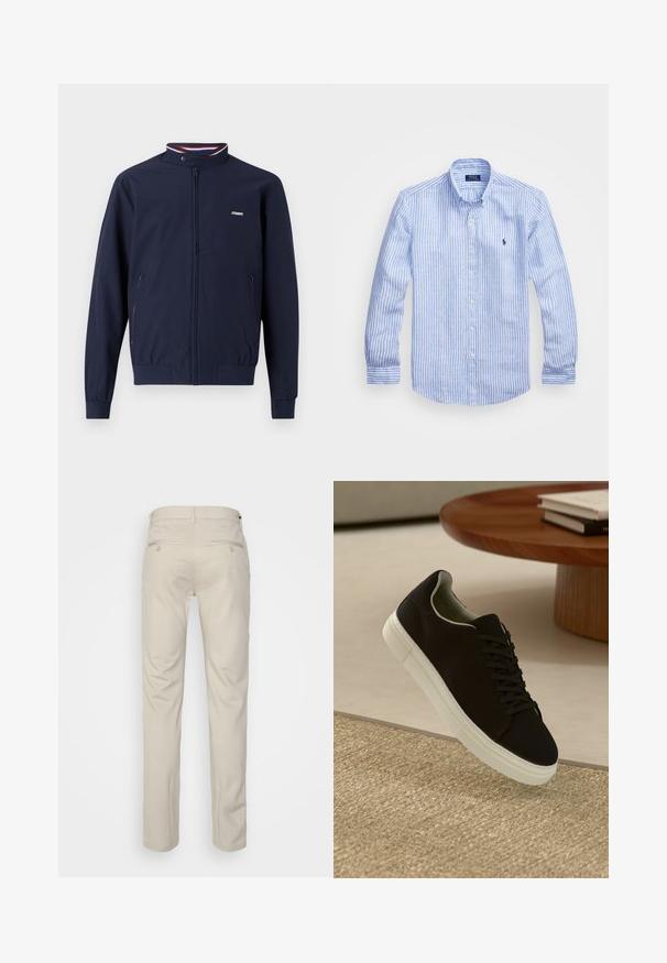 Tamsiai mėlynas lengvas užtraukiamas švarkas su aukštu apykakle, elastingomis rankovėmis, dviem šoninėmis kišenėmis ir kontrastingomis raudonomis bei mėlynomis juostelėmis.; Mėlynos ir baltos dryžuotos ilgomis rankovėmis medvilninė marškiniai, turintys sagtelę ant apykaklės, priekinius mygtukus ir mažą išsiuvinėtą logotipą krūtinėje.; Bežinės kelnės su lygia tekstūra, tiesiu pjūviu, dviem užpakalinėmis kišenėmis su sagomis ir standartine juosmena.; Juodas sportinis batelis su baltu padu, lekiančius virš smėlio spalvos tekstūruoto kilimo šalia apvalaus medinio stalo su sukrautomis knygomis.