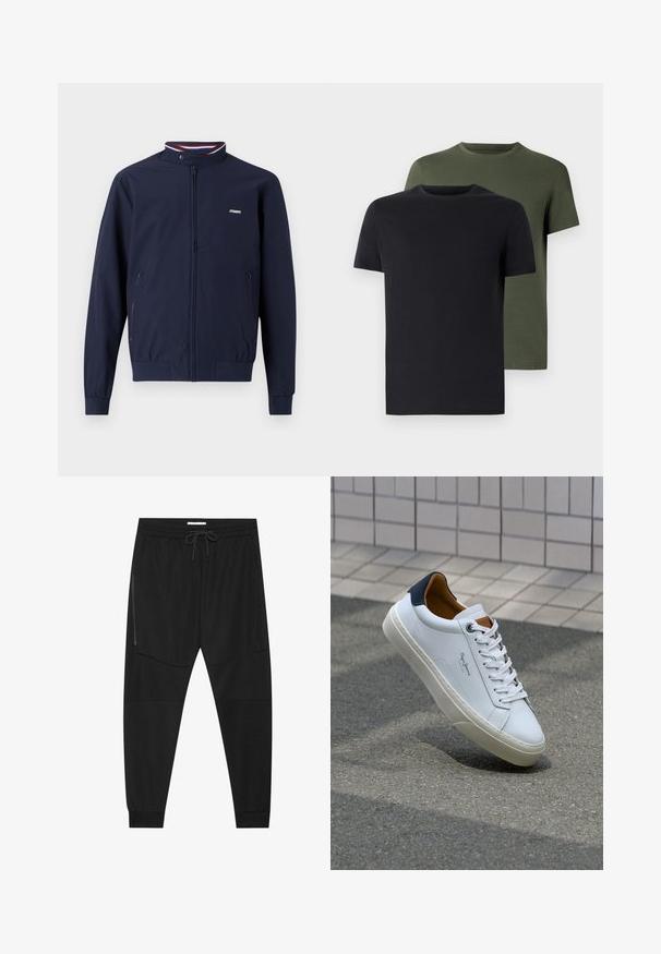 Jaqueta leve azul marinho com fecho zip, colarinho alto, punhos elásticos, dois bolsos laterais e detalhes em listras contrastantes vermelhas e azuis.; Duas t-shirts de gola redonda nas cores preto e verde-oliva, feitas de um tecido de algodão suave. O design é simples, com mangas curtas e corte reto.; Calças de treino pretas feitas de tecido texturizado, com uma cintura ajustável, bolso lateral com fecho e punhos afunilados.; Sapatilha de couro branco com calcanhar azul marinho, bico redondo e detalhes em castanho contrastantes. Apresenta atacadores planos e sola de borracha texturizada.