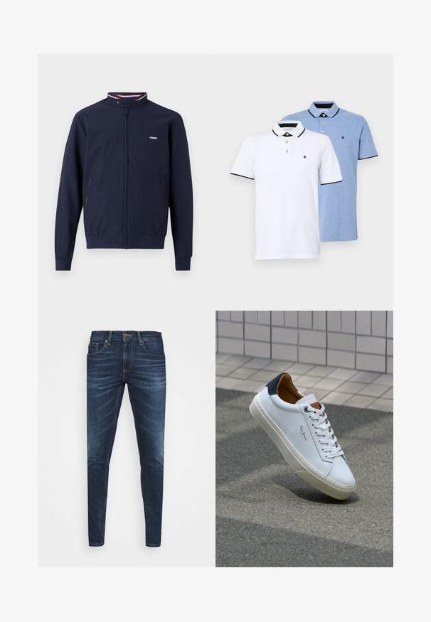 Marineblå lett zip-up jakke med høyt krage, elastiske mansjetter, to sidelommer og kontrasterende røde og blå striper.; To polo-shirts: en hvit med svarte detaljer og en lys blå heather. Hver av dem har krage og to-knapps placket med logo.; Mørkeblå denimjeans med smal passform, subtil falming, fem lommer og metallknaplukking. Sømmer i kontrastfarge.; Hvit lærsneaker med marineblå hæl, rund tå og kontrasterende brune detaljer. Har flate lisser og teksturert gummisåle.
