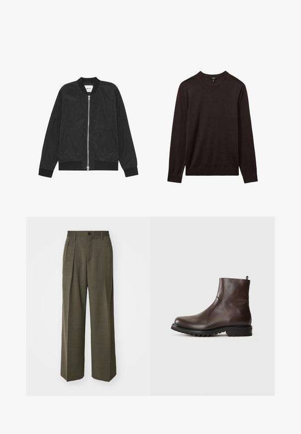 Crna bomber jakna s glatkim, laganim materijalom, zatvaranjem na zip, rebrastim manžetama i obrubom, te bočnim džepovima. Jednostavan, elegantan dizajn.; Reiss Vesta - dark bordeaux; Filippa K WIDE TROUSERS - Hlače - driftwood; Smeđe kožne gležnjače s glatkom teksturom, elastičnim bočnim panelima, petnom petljom i čvrstim gumenim potplatom.