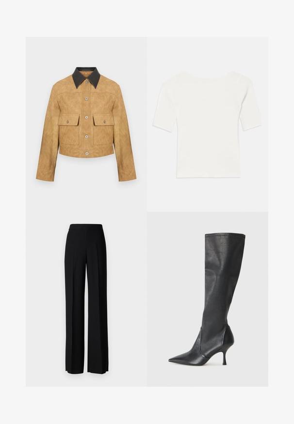 Giacca cropped in pelle color tan con colletto nero, dotata di due tasche frontali e chiusura con bottoni a pressione. Texture liscia con finitura opaca.; Top bianco a righe con maniche corte e scollo ampio. La texture presenta strisce verticali, enfatizzando una vestibilità aderente e un design semplice.; Pantaloni neri a gamba larga con una texture liscia, dotati di una vita alta e pieghe centrali. Nessun motivo visibile o dettagli in metallo.; Stivali neri in pelle al ginocchio con punta affusolata e tacco a stiletto sottile. Texture liscia con design aderente e cuciture lungo il bordo superiore.
