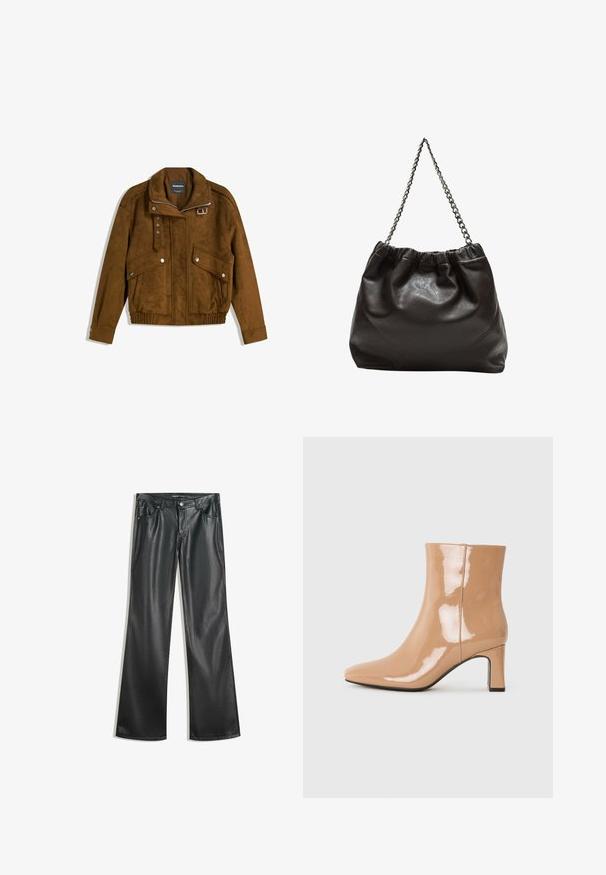 Brown suede bomber jacket with silver snap buttons, two front flap pockets, zipper closure, and a buckle on the collar.; Black long-sleeve knitted sweater with padded shoulders and ribbed cuffs and hem, shown against a white background.; Black faux leather flared pants with a smooth texture, five-pocket design, front zipper, and contrasting stitching.; Nude patent ankle boots with a pointed toe, a shiny finish, and a mid-height block heel. Smooth texture and sleek silhouette.; Brown leather bag with a gathered top and a chain strap. Smooth texture with a glossy finish and subtle seam detailing on the sides.
