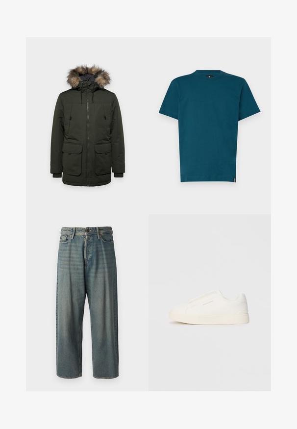 Tumes roheline talveparka, millel on karusnahaga ääristatud kapuuts, esi tõmblukk, kaks suurt eesmist taskut ja reguleeritavad varrukad.; Türkis puuvillane T-särk ümmarguse kaelusega ja lühikeste varrukatega. Omab sirget lõiget ja väikest brändi silti küljel. Sujuv tekstuur.; Heledad sinine denim-stiilis teksad, volüümse lõike, keskmise kõrgusega talje ja sirgete säärega. Omab viit taskut, vöökumme ja nööpide sulgemist.; Valged libisemiskindlad tossud tekstuuriga pinnaga, paksu tallaga ja minimalistikus disainis. Küljel on brändi logo.