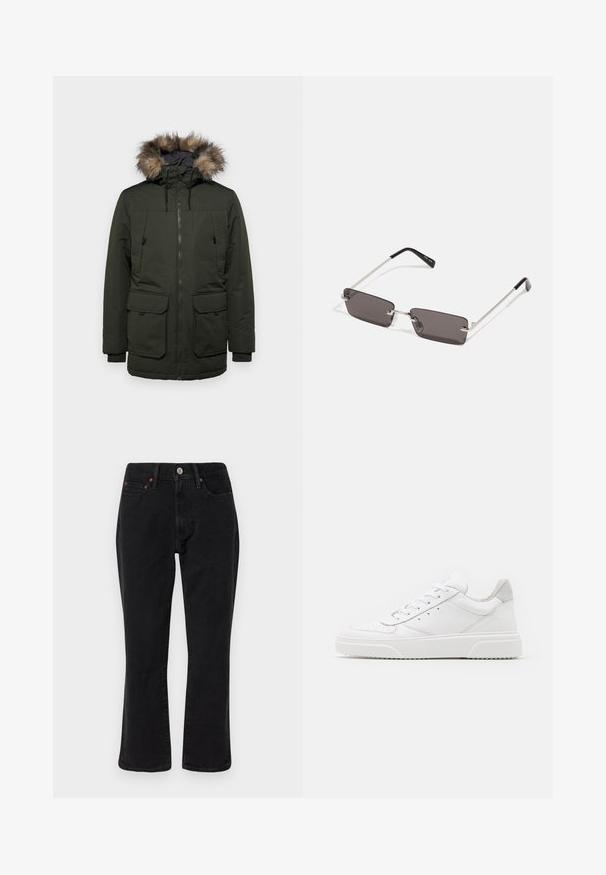 Dunkelgrüne Winterparka mit einer gefütterten Kapuze, ausgestattet mit einem Reißverschluss vorne, zwei großen Fronttaschen und verstellbaren Manschetten.; Weißes Baumwoll-T-Shirt mit kurzen Ärmeln, Rundhalsausschnitt und einem roten grafischen Text "LECKERER ERFRISCHENDER FRUCHT" auf der Vorderseite.; Schwarze Jeans aus Denim mit geradem Bein, Fünf-Taschen-Design und metallischen Elementen mit Kupferakzenten. Glatte Textur und mittelhoher Bund.; Weiße Leder-Sneaker mit glatter Oberfläche, rundem Zehenbereich, flachen Schnürsenkeln und strukturiertem Schuhsohlen. Graues Wildleder-Detail an der Ferse.; Sonnenbrille mit rechteckigen, dunkelgrauen Gläsern, silbernen Metallrahmen und schwarzen Kunststoffenden an den Bügeln. Leichtes Design mit Nasenpads.