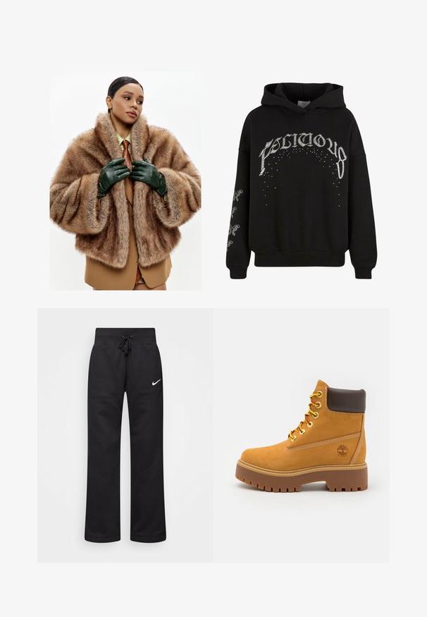 Palton de blană maro cu guler lat, asociat cu mănuși din piele verde închis. Paltonul are un aspect voluminous și texturat.; Sweatshirt negru cu glugă, fabricat dintr-un material moale, având text și modele imprimate în alb, cu detalii accentuate pe mâneci.; Pantaloni de sudură negri dintr-un amestec de bumbac, cu un talie elastică cu șnur, picioare drepte și un logo alb Nike pe partea stângă.; Cizmă de gleznă impermeabilă de culoare bej cu o talpă robustă din cauciuc, vârf rotund, guler din piele maro, șireturi galbene și un logo pe lateral.