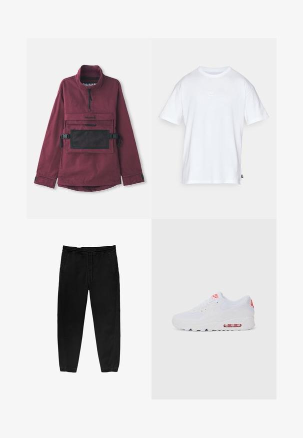 Burgundin värinen vetoketjullinen takki, jossa on korkea kaulus, musta verkkotasku rinnassa, säädettävät mustat hihnat ja joustavat hihansuut. Kestävä kangas.; Valkoinen puuvillainen t-paita, jossa on lyhyet hihat ja pyöreä kaula-aukko. Paidassa on pieni, huomaamaton Nike-logo rinnassa ja sivulappu.; Mustat joustavat vyötäröhousut, joissa on nyöri, kapenevat lahkeet, sivutaskut ja hienovaraiset sivustikkaukset. Pehmeä puuvillakangas.; Valkoinen urheilujalkine, jossa on sileä päällinen, nauhakiinnitys, pehmustettu pohja ja näkyvä ilmayksikkö, jossa on punaisia yksityiskohtia brändissä.