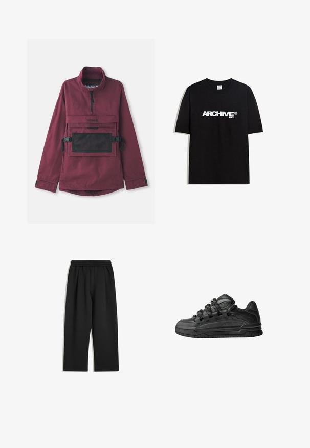 Burgundowy pulower z wysokim kołnierzem, czarna siatkowa kieszeń na klatce piersiowej, regulowane czarne paski i elastyczne mankiety. Trwała faktura tkaniny.; Czarny bawełniany T-shirt z białym logo "ARCHIVE inc." na piersi, z krótkimi rękawami i okrągłym dekoltem.; Czarne spodnie z szerokimi nogawkami, elastycznym paskiem w talii i bocznymi kieszeniami, wyłożone na białym tle.; Czarne sneakersy z gładką skórzaną cholewką, teksturowanymi akcentami i okrągłymi czarno-białymi sznurowadłami. Gruba gumowa podeszwa z wzorzystym bieżnikiem.