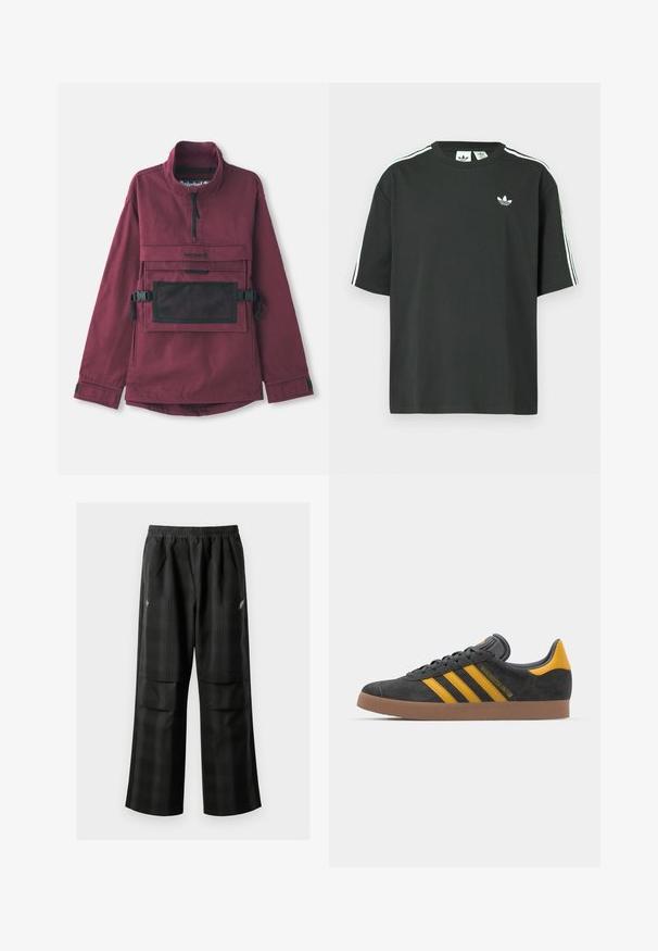 Burgundský svetr s vysokým límcem, černou síťkovou kapsou na hrudi, nastavovacími černými popruhy a elastickými manžetami. Odolná textilie.; Černé bavlněné tričko s krátkými rukávy, kulatým výstřihem a bílými třemi pruhy na ramenou. Na hrudi je malá bílá logo.; Černé kostkované kalhoty s elastickým pasem, dvěma předními kapsami a volným střihem se rovnými nohavicemi. Vyrobeny z lehkého materiálu.; Černé semišové tenisky se žlutými akcenty, vybavené třemi pruhy a hnědou gumovou podrážkou. Obsahují polstrovaný jazyk pro pohodlí.