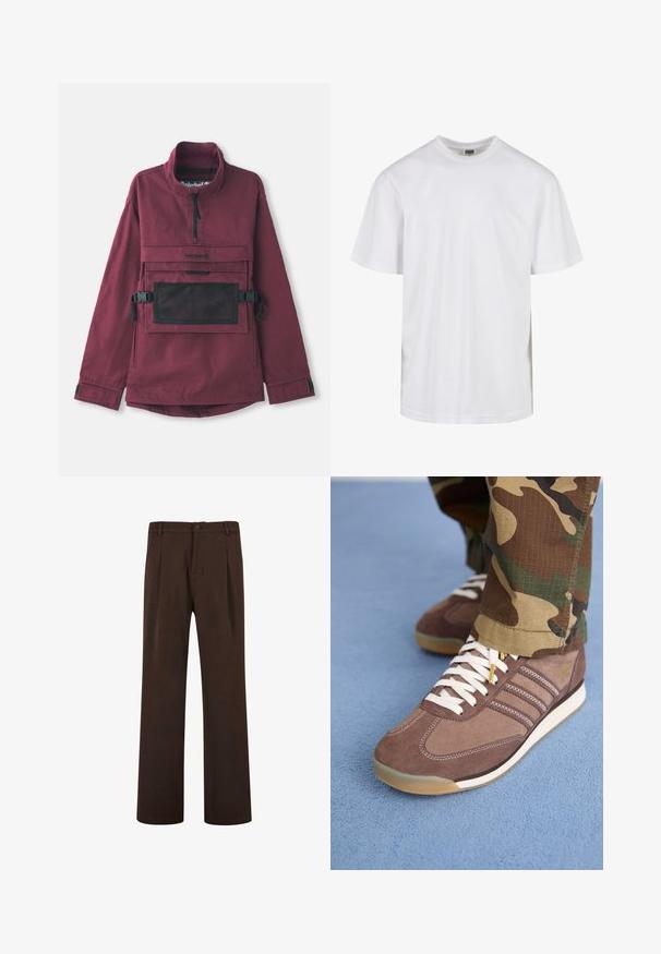 Burgundska pulover jakna z visokim ovratnikom, črnimi mrežastimi žepi na prsih, nastavljivimi črnimi trakovi in elastičnimi manžetami. Trajna tekstura tkanine.; Bela bombažna majica s krožnim izrezom in kratkimi rokavi. Oblika je enostavna, brez vzorcev ali dodatkov.; Rjave hlače s ravno krojem, z gumbom za zapiranje in z gubami, izdelane iz gladkega materiala. Brez vidnih žepov ali vzorcev.; Rjavi semiš športniki z belimi vezalkami in svetlimi poudarki, z značilnimi tremi črtami ob straneh in teksturiranim gumijastim podplatom.