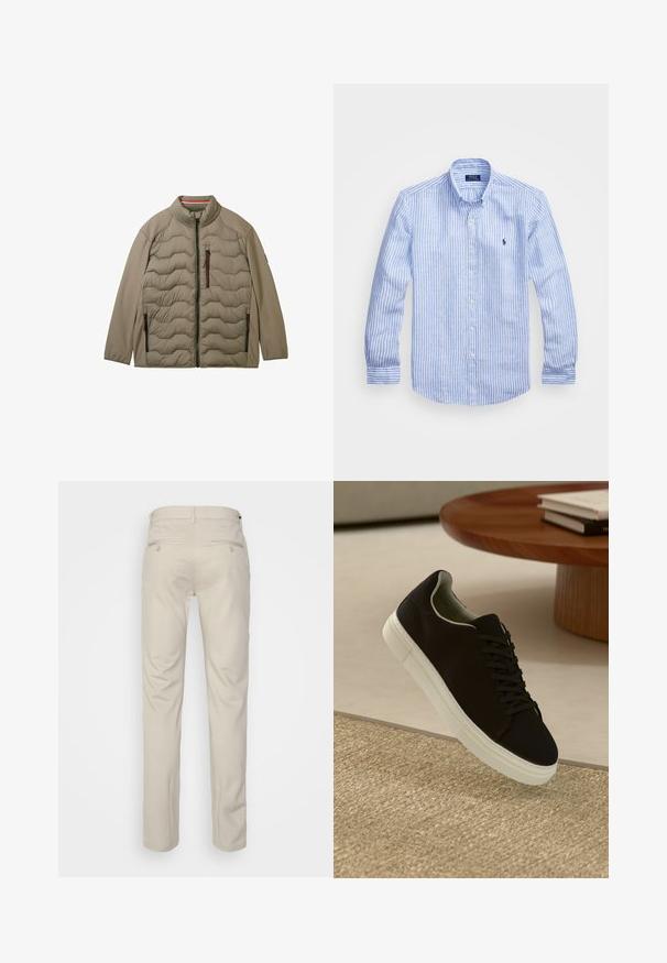 Puchowa kurtka w kolorze taupe, z wysokim kołnierzem, zapinana na zamek z przodu, oraz dwoma bocznymi kieszeniami na zamek z czarnymi akcentami.; Niebiesko-biała, w paski, koszula z długim rękawem, wykonana z bawełny, z kołnierzykiem zapinanym na guziki, guzikami z przodu oraz małym haftowanym logo na klatce piersiowej.; Beżowe spodnie o gładkiej fakturze, prostym kroju, z dwiema tylnymi kieszeniami z guzikami i standardowym pasem.; Czarny sneaker z białą podeszwą unoszący się nad beżowym, teksturowanym dywanem w pobliżu okrągłego drewnianego stołu z poukładanymi książkami.