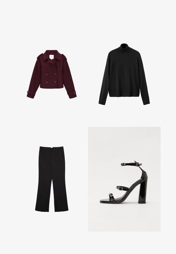 Bordo dvostruko zakopčana jakna iz mekog materijala s ramenim epauletima i velikim dugmadima. Skraćeni dizajn s dugim rukavima.; Črni pulover z visokim ovratnikom, narejen iz pletenega materiala, ima dolge rokave, prilegajoč ovratnik in rahlo skrajšan rob. Gladek tekstura, enobarvna.; Črne hlače ravnega kroja z naglavnimi žepi in stranskimi razporki na robu. Narejene iz mehke, gladke tkanine. Primerne za različne priložnosti.; Črne lakaste sandale z visokimi petami, z dvema trakovoma z zaponkama, kvadratnim sprednjim delom in masivno širšo peto, z gladko, sijočo teksturo.