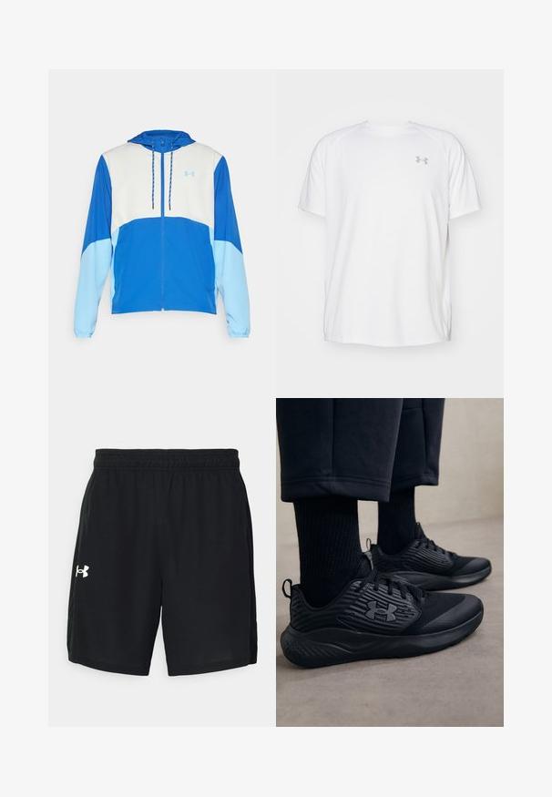Under Armour LEGACY - Veste coupe-vent - tech blue/horizon blue; T-shirt de sport à manches courtes de couleur blanche, fabriqué en tissu lisse. Il présente un col rond et un logo gris sur la poitrine gauche, avec des fentes sur les côtés au niveau de l'ourlet.; Shorts de sport noirs en tissu léger, dotés d'une taille élastique et d'un logo blanc sur le côté gauche.; Personne portant des baskets de sport noires avec des côtés texturés et un logo, associées à des chaussettes noires et un pantalon court sur un sol clair.