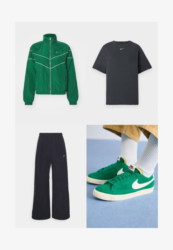 Casaco corta-vento verde em nylon com gola alta, fecho de correr na frente, punhos elásticos e costura em contraste branca em padrão de zigue-zague.; T-shirt de algodão preta com decote redondo e mangas curtas. Apresenta um pequeno logótipo da Nike em branco no peito. Corte reto e design casual.; Calças largas pretas com um cós elástico e um pequeno logótipo branco da Nike. O tecido tem uma textura suave, projetado para conforto e uso casual.; Sapatilhas verdes em camurça com o swoosh branco da Nike, sola de borracha e colarinho almofadado. Parte superior texturizada com atacadores planos e detalhes em cores vibrantes.