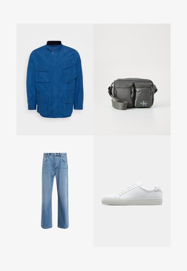 Zila jaka ar augstu apkakli, priekšējo spiedpogu aizdari un daudziem lieliem flap kabatām. Izgatavota no gludas materiāla ar strukturētu piegriezumu.; Gaišu krēmu krāsas kokvilnas krekls ar garām piedurknēm un augstu apkakli. Līdzena tekstūra, brīva piegriezuma, minimālistisks dizains, nav redzamu rakstu vai akcentu.; Gai zilas džinsu bikses ar taisnām kājām, piecām kabatām, pogu aizvēršanu, minimālu izbalēšanu un kontrastējošiem šuvju elementiem.; Baltie sporta apavi ar gludu ādas virsu un zemu profilu. Iezīmējas ar noapaļotu purngalu, sešām acīm un teksturētu gumijas zoli.; Pelēka neilona plecu soma ar divām rāvējslēdzēja priekšējām kabatām, regulējamu siksnu un logo akcentu. Gluda tekstūra ar mūsdienīgu dizainu.