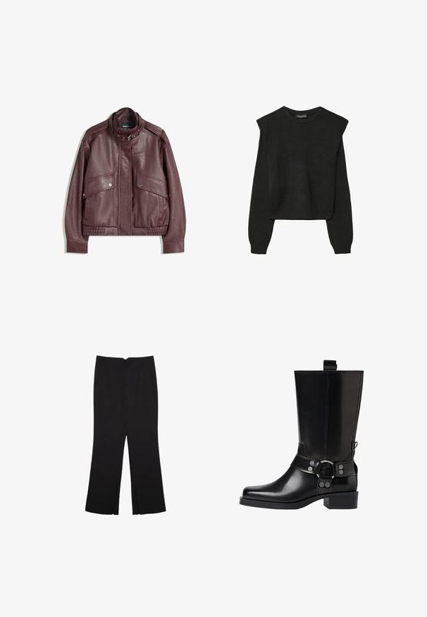 Giacca di pelle marrone scuro con collo alto, tasche anteriori con bottone a pressione, zip e chiusura con fibbia al collo, distesa su uno sfondo bianco.; Maglione nero a maniche lunghe in maglia con spalle imbottite e polsini e orlo a coste, mostrato su uno sfondo bianco.; Pantaloni neri a gamba dritta, con tasche frontali e spacchi laterali all'orlo. Realizzati in tessuto morbido e liscio. Adatti a diverse occasioni.; Stivale in pelle nera alto fino al ginocchio con punta affusolata, dettagli in argento e tacco largo. Presenta un inserto per facilitare l'indossamento.