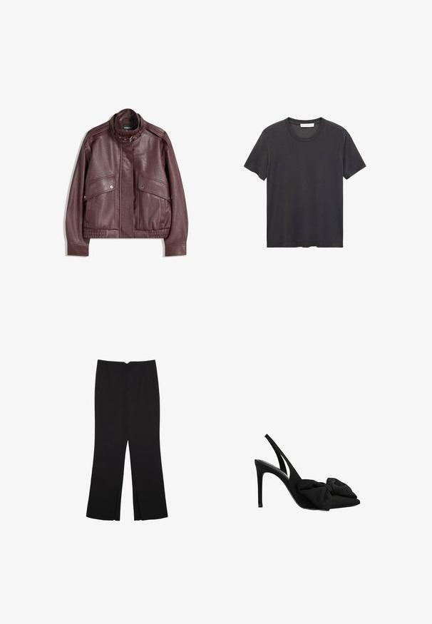 Temno marin usnjeni jakni z visokim ovratnikom, žepi na gumb, zadrgo in zaponko za pas na ovratniku, položeni na belo ozadje.; Črna majica s kratkimi rokavi in okroglo ovratnikom, izdelana iz mehkega bombaža. Ohlapen kroj, raven spodnji rob brez okrasnih elementov ali vzorcev.; Črne hlače ravnega kroja z naglavnimi žepi in stranskimi razporki na robu. Narejene iz mehke, gladke tkanine. Primerne za različne priložnosti.; Črne slingback visoke pete iz gladkega blaga s konicami na prstih in podrobnostjo iz blaga v obliki mašne spredaj. Ozka stileto peta.