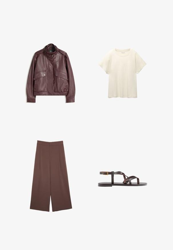 Tmavě vínová kožená bunda s vysokým límcem, předními kapsami na cvoky, zipem a přezkou na límci, položená na bílém pozadí.; Svetle béžové tričko s krátkým rukávem a kulatým výstřihem, vyrobené z jemné, hladké tkaniny. Má uvolněný střih a rovný lem.; Hnědé široké kalhoty s hladkou texturou, vysokým pasem a předními záhyby. Materiál je lehký a volně splývá.; Hnědé kožené sandály s kříženými pásky, uzavřením na přezku u kotníku a plochou podrážkou s minimem švů.